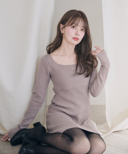 fupel ワンピース 2way velour ribbon mini knit onepiece / 2way