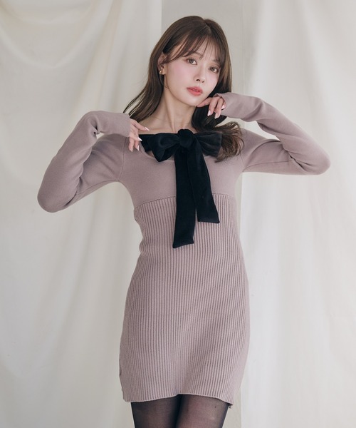 fupel ワンピース 2way velour ribbon mini knit onepiece / 2way