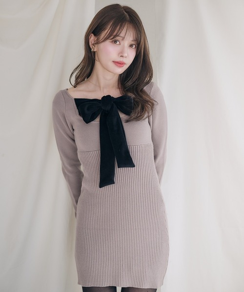 fupel ワンピース 2way velour ribbon mini knit onepiece / 2way