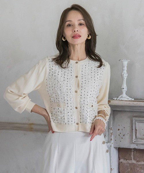 Viaggio Bluリボンツドットツイードカーディガン Viaggio Blu（ビアッジョブルー） カーディガン リボンドットツイード