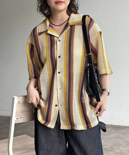 CPCM（シーピーシーエム） ブラウス シャツ カラミストライプ半袖開襟
