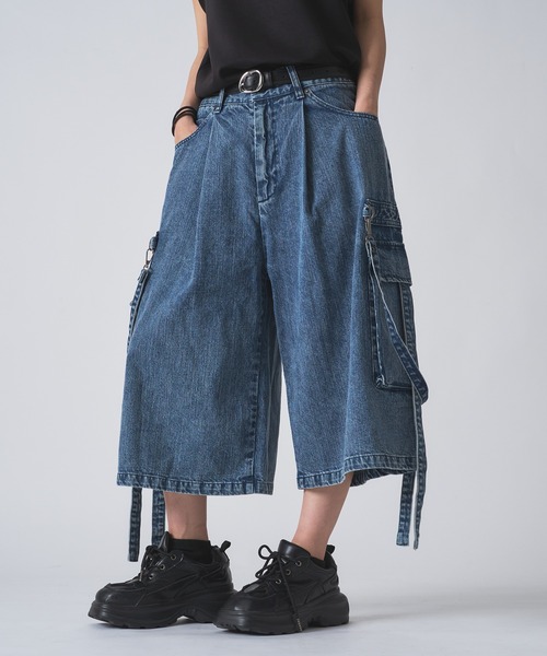 狐独 ワイドパンツ ジーンズ ケミカルウォッシュデニムショートパンツ
