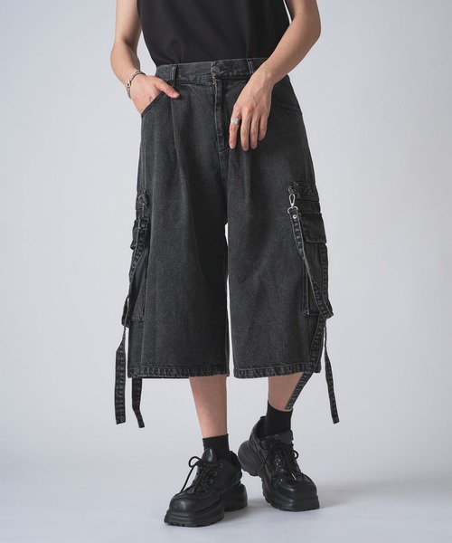 狐独 ワイドパンツ ジーンズ ケミカルウォッシュデニムショートパンツ