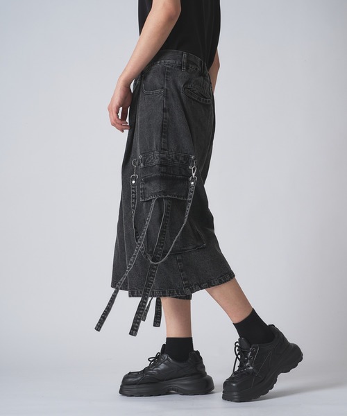 狐独 ワイドパンツ ジーンズ ケミカルウォッシュデニムショートパンツ