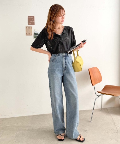 Bluelea ジャガード 小花柄 半袖 トップス classicalelf（クラシカルエルフ） ヘンリーネック tシャツ 半袖 「8月