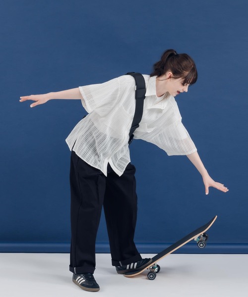MUHET シャツ ブラウス 透かし編みレギュラーカラーシャツ