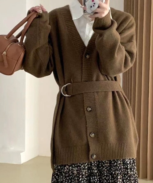 Dewlily カーディガン ベルト付きニットカーディガン レディース