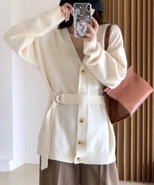 Dewlily カーディガン ベルト付きニットカーディガン レディース