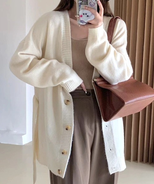 Dewlily カーディガン ベルト付きニットカーディガン レディース
