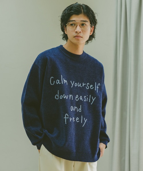 PGロゴ入りネイビーセーター 落書き風 RAGEBLUE セーター ニット Jacquard logo crew neck lettered