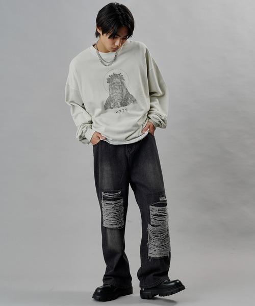 ダメージデニムパンツ セール】CROSS DAMAGE DENIM PANTS クロスダメージデニムパンツ