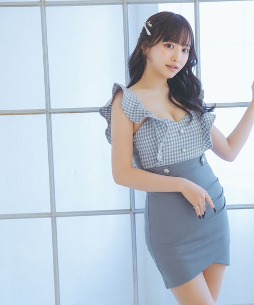 Tika ドレス キャバドレス キャミソールフリル袖ギンガムチェック柄