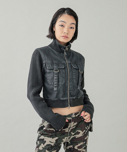 X-girl（エックスガール） ブルゾン アウター RIB SLEEVE DENIM JACKET