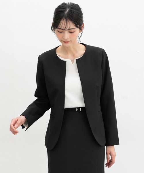 【eaphi】ブラック ノーカラージャケット FREEサイズ Honeys（ハニーズ） ジャケット ノーカラージャケット 「ストレッチ