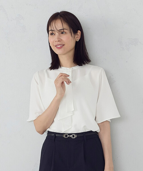ブラウス シャツ ボウタイ風　半袖ブラウス レディース KOEISTORE ブラウス レディース 春 夏 春夏 黒 白 シャツ サテン