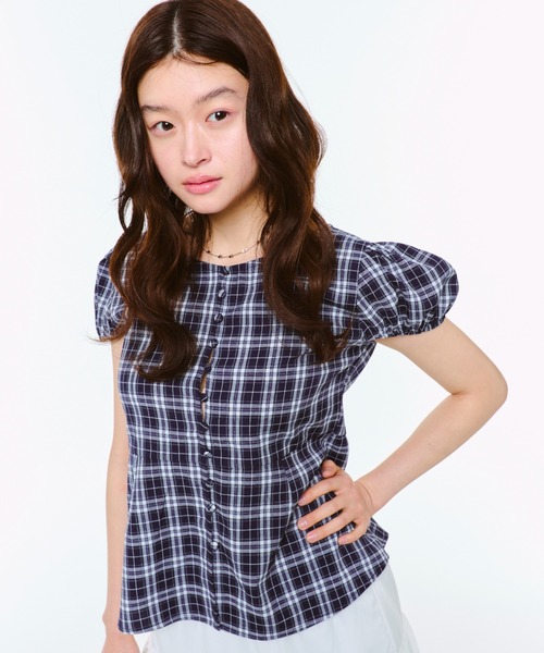 美しい FEKETE ブラウス チェック / BLOUSE CHECKED SLEEVE PUFF シャツ トップス