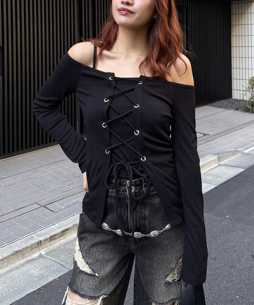 SPIRALGIRL（スパイラルガール） tシャツ オフショルレースアップ