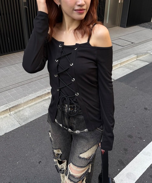 スパイラルガール　トップス　9枚 透かし編みニットラインリボントップス｜SPIRALGIRL スパイラルガール