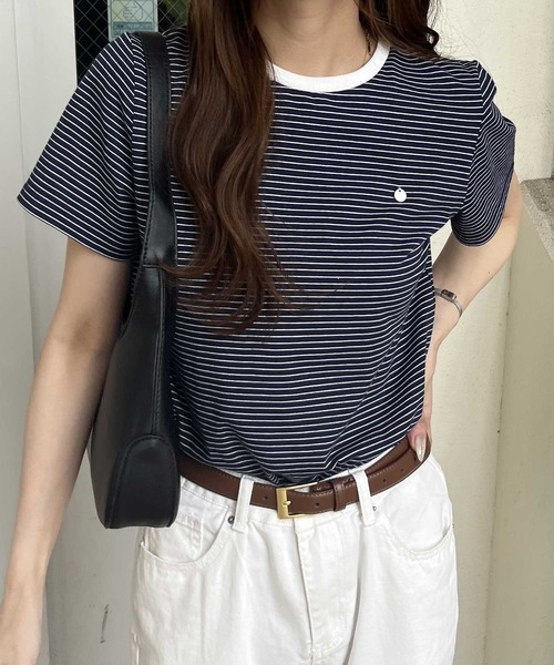 nelliy. tシャツ 半袖 プレート付ボーダー配色リンガーTシャツ