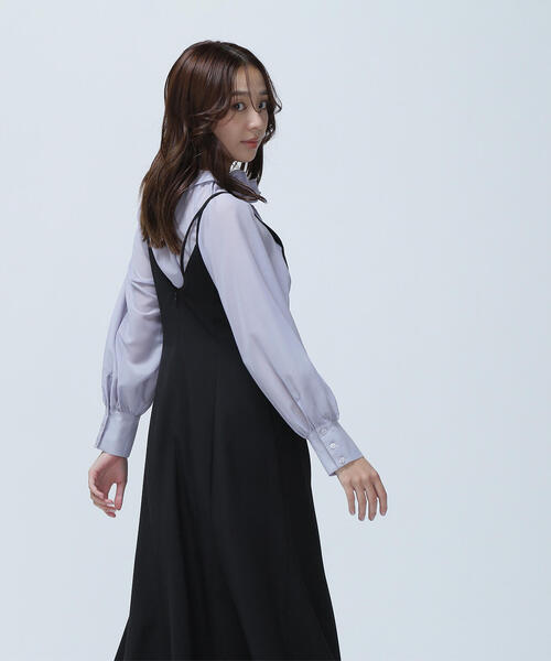 ワンピース ミモレ丈 フレア マップ柄 Vネック ブラック NATURAL BEAUTY BASIC ワンピース Vネックマチフレアキャミ