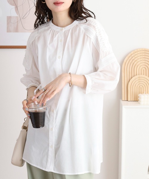 ブラウス シャツ EGLANTINE コットンレースノーカラー5分袖ブラウス レディース
