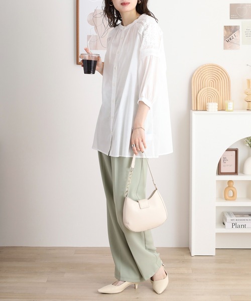 ブラウス シャツ EGLANTINE コットンレースノーカラー5分袖ブラウス レディース EGLANTINE ブラウス シャツ コットンレースノーカラー5分袖
