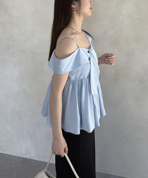 Thevon アシメノースリバルーンブラウス　サックスブルー Thevon ブラウス シャツ アシメノースリバルーンブラウス