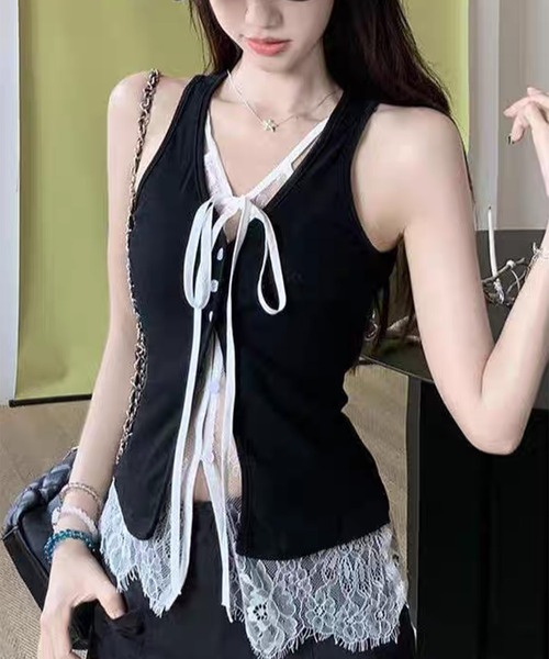 AsheKsha キャミソール 「新作」Vネックノースリーブレース風シャツ