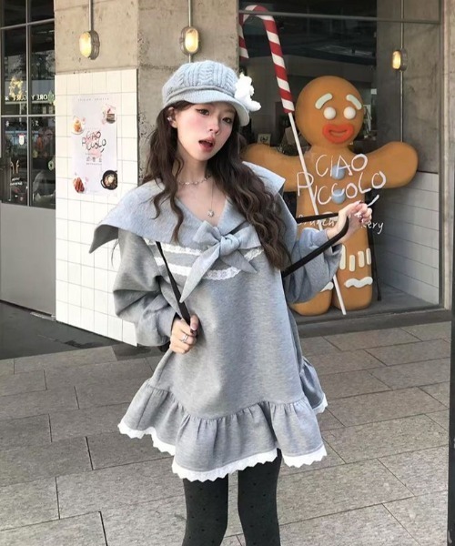 ゆったりサイズ襟フリルコットンローウエストワンピース♡.＊　ブルーグレー セール】SHIPS any:〈洗濯機可能〉コットン オックス タック