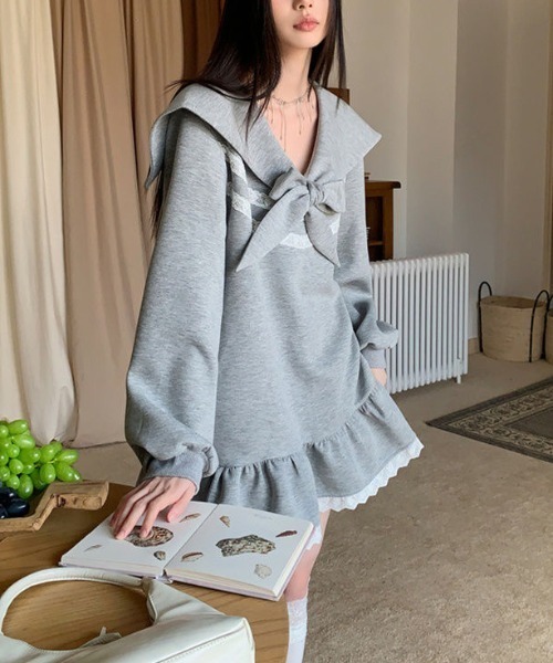 double standard clothing スウェット ワンピース フリル MONO8 ワンピース セーラー襟リボン付きフリルスウェット