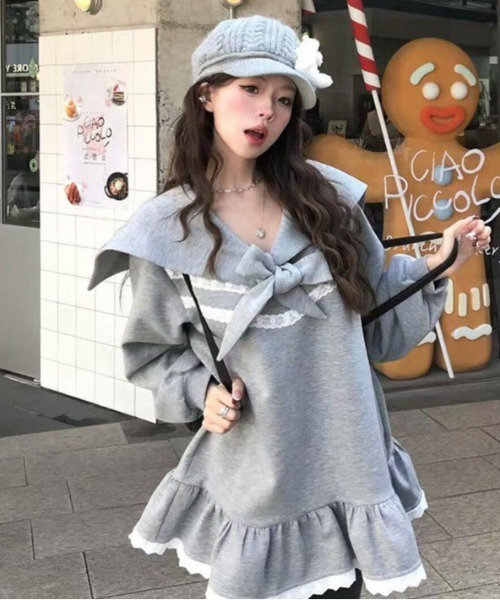 MONO8 ワンピース セーラー襟リボン付きフリルスウェット