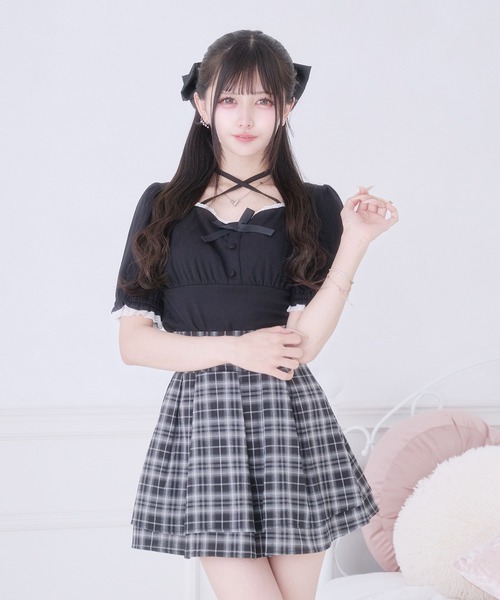 Pal elfy tシャツ 半袖 チョーカー付きリボントップス レディース