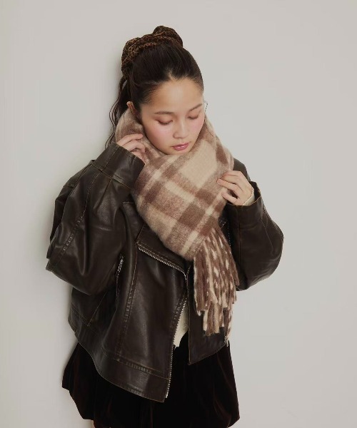 Nadana マフラー ストール モヘアボリュームチェックマフラー