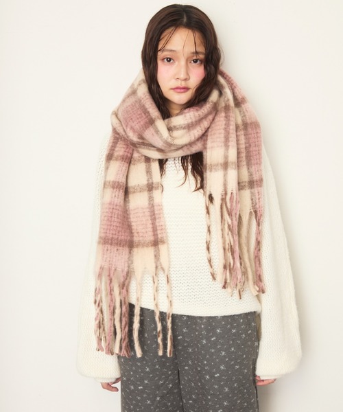 Nadana マフラー ストール モヘアボリュームチェックマフラー