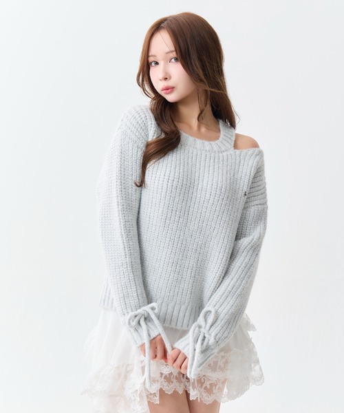 ANDWANG ロゴ入り長袖ニット ANDWANG ニット セーター Glitter Off-Shoulder Loose Knit レディース