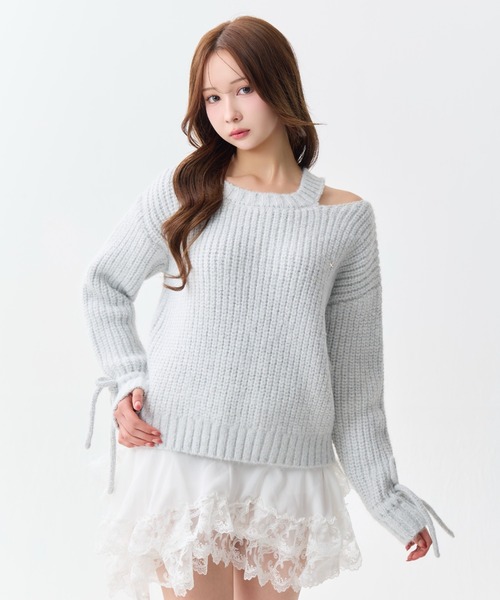 andwang Off shoulder over knit グレー ANDWANG ニット セーター Glitter Off-Shoulder Loose Knit レディース