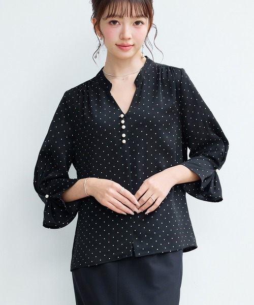 シャツ/ブラウス(長袖/七分) HOWDY. jacquard blouse プリント ボウタイブラウス 七分袖 レディース(M ブラック): 東京