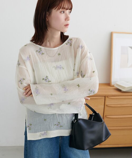 Discoat（ディスコート） ブラウス シャツ 「WEB限定」花柄刺繍シアー