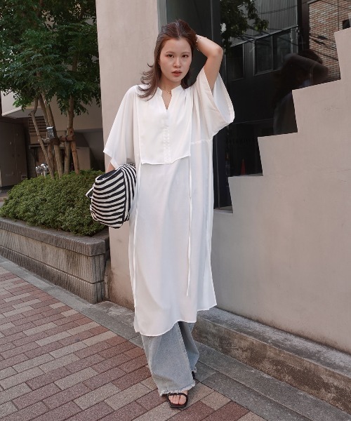 かぐれ　コットンシルクシャツワンピース　ベージュ　size1 M 25SS かぐれ 洗える コットンシルク シャツワンピース 1 プルオーバー