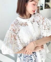 moment+ ブラウス シャツ フラワー刺繍レース クルーネック