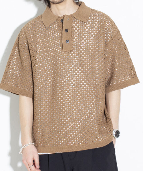 透かし編みのニットポロ VELNUS】Watermark knitting loose Half Sleeve knit polo shirt