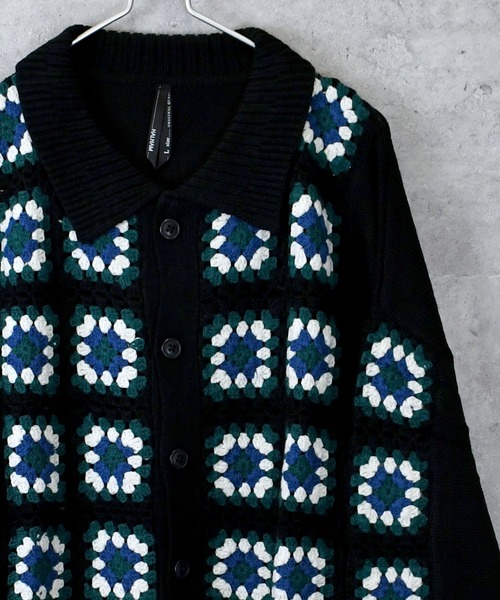 カーディガン アクリルクロッシェ編み 衿付きカーディガン レディース