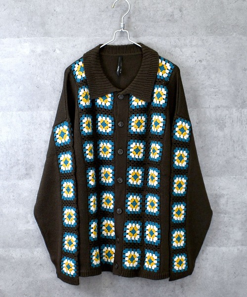 カーディガン アクリルクロッシェ編み 衿付きカーディガン レディース