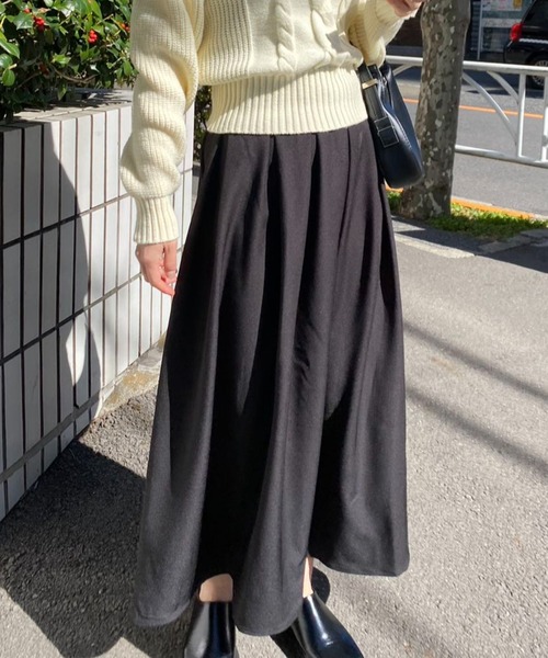 スカート ベルト付きタックフレアロングスカート レディース 