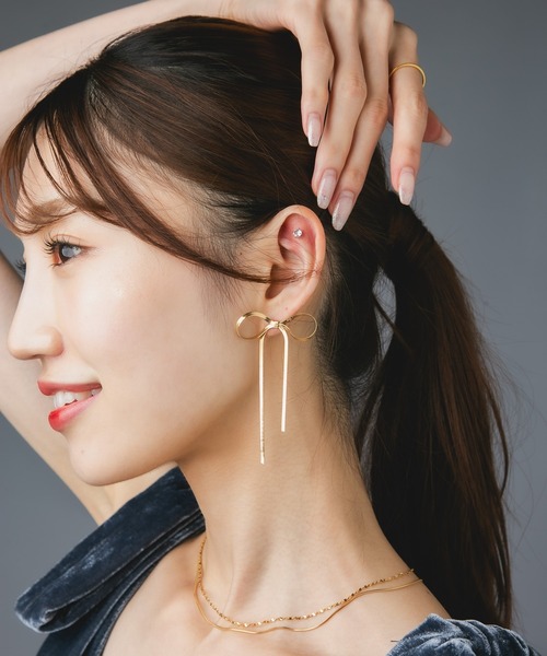 リボン　ピアス　シンプル パーティ スネークチェーン おしゃれ ゴールド Os accessory ピアス Os -オズ- 「金属アレルギー対応」リボン