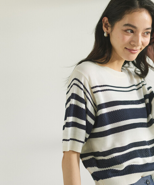 売り切れました！激安！コムサイズム 半袖ボーダーニット COMME CA ISM ニット セーター ランダムボーダー5分袖ニット