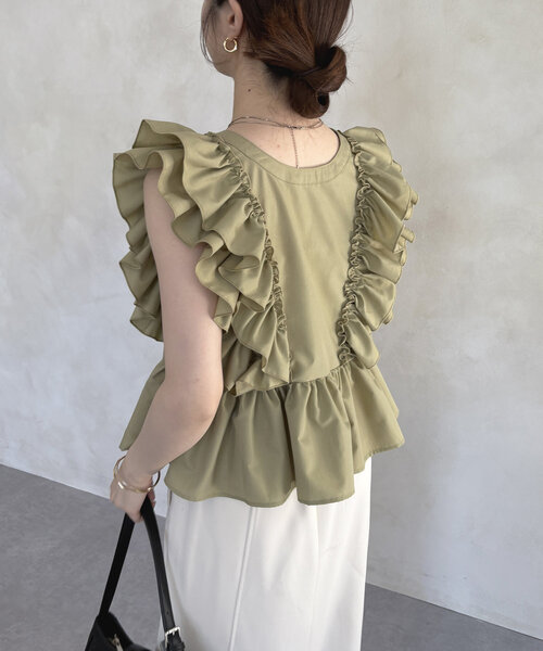 Thevon ブラウス シャツ フリルショルダーペプラムブラウス