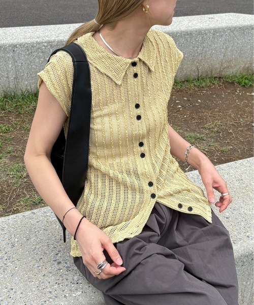 タグ付 24SS メッシュポロニットショートスリーブカーディガン 半袖 グレー タグ付 24SS メッシュポロニットショートスリーブカーディガン