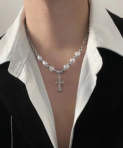 MASHIRO ネックレス 「MASHIRO」クロスモチーフアクリルパールミックス