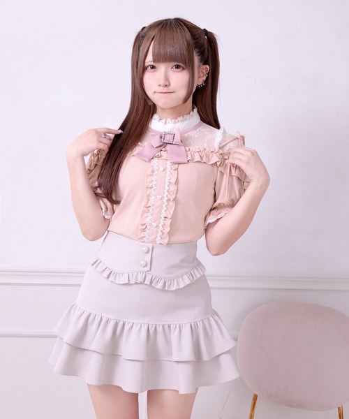 Pal elfy tシャツ 半袖 リボン付きレースフリルトップス レディース